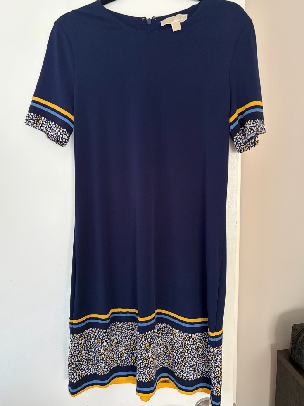 Navy Shift Dress with Yellow & White Floral Trim